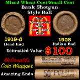 Lincoln Wheat Cent 1c Mixed Roll Orig Brandt McDonalds Wrapper, 1919-d end, 1908 Indian other end