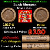Lincoln Wheat Cent 1c Mixed Roll Orig Brandt McDonalds Wrapper, 1917-d end, 1902 Indian other end