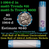 BU Shotgun Jefferson 5c roll, 1964-d 40 pcs Bank $2 Nickel Wrapper OBW