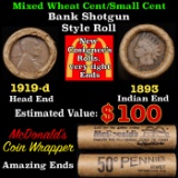 Lincoln Wheat Cent 1c Mixed Roll Orig Brandt McDonalds Wrapper, 1919-d end, 1893 Indian other end