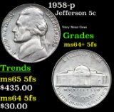 1958-p Jefferson Nickel 5c Grades Choice Unc+ 5fs