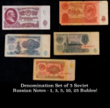 Denomination Set of 5 Soviet Russian Notes - 1, 3, 5, 10, 25 Rubles! Grades