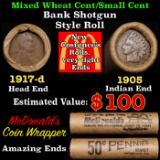 Lincoln Wheat Cent 1c Mixed Roll Orig Brandt McDonalds Wrapper, 1917-d end, 1905 Indian other end