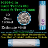 BU Shotgun Jefferson 5c roll, 1964-d 40 pcs Bank $2 Nickel Wrapper OBW