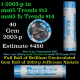 BU Shotgun Jefferson 5c roll, 2003-p 40 pcs Dunbar $2 Nickel Wrapper OBW