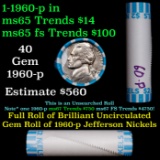 BU Shotgun Jefferson 5c roll, 1960-p 40 pcs Bank $2 Nickel Wrapper OBW