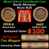 Lincoln Wheat Cent 1c Mixed Roll Orig Brandt McDonalds Wrapper, 1918-d end, 1907 Indian other end