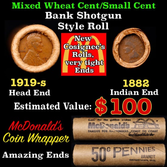Small Cent Mixed Roll Orig Brandt McDonalds Wrapper, 1919-s Lincoln Wheat end, 1882 Indian other end