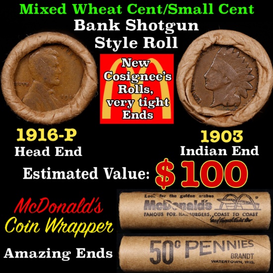 Small Cent Mixed Roll Orig Brandt McDonalds Wrapper, 1916-p Lincoln Wheat end, 1903 Indian other end
