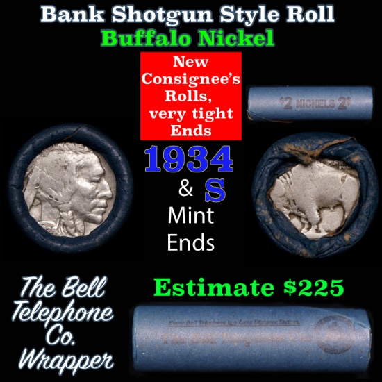 Buffalo Nickel Shotgun Roll in Old Bank Style 'Bell Telephone' Wrapper 1934 & s Mint Ends