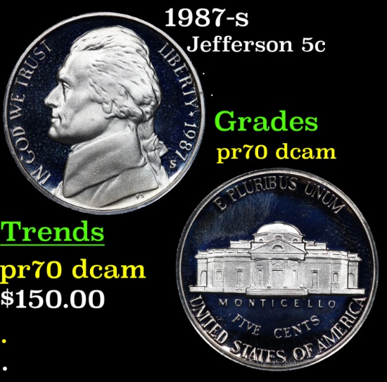 Proof 1987-s Jefferson Nickel 5c Graded pr70 dcam By SEGS