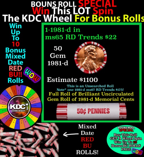 CRAZY Penny Wheel Buy THIS 1981-d solid Red BU Lincoln 1c roll & get 1-10 BU Red rolls FREE WOW