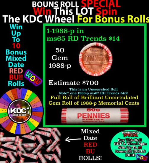 1-10 FREE BU RED Penny rolls with win of this 1988-p SOLID RED BU Lincoln 1c roll incredibly FUN whe