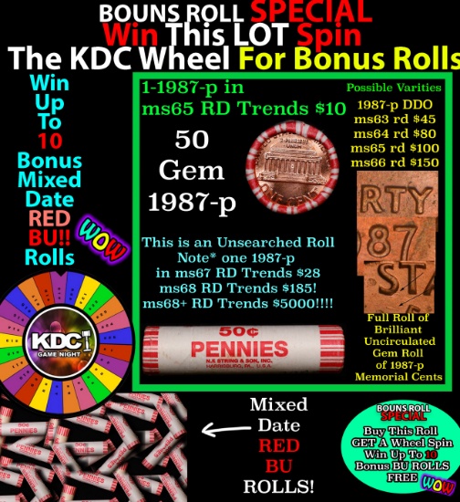 CRAZY Penny Wheel Buy THIS 1987-p solid Red BU Lincoln 1c roll & get 1-10 BU Red rolls FREE WOW