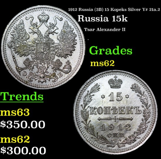 1912 Russia (3B) 15 Kopeks Silver Y# 21a.2 Grades Select Unc