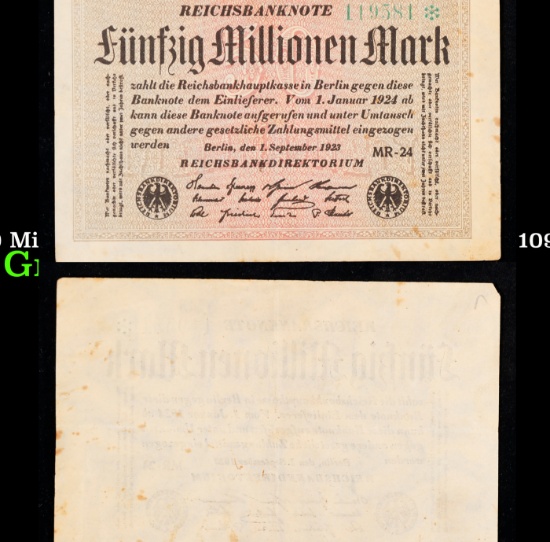 1923 Weimar Germany 50 Million Marks Hyperinflation Banknote P# 109d, Watermark G/D in Stars Grades