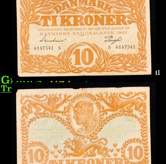 1942 Denmark 10 Kroner Banknote P# 31l Grades xf+