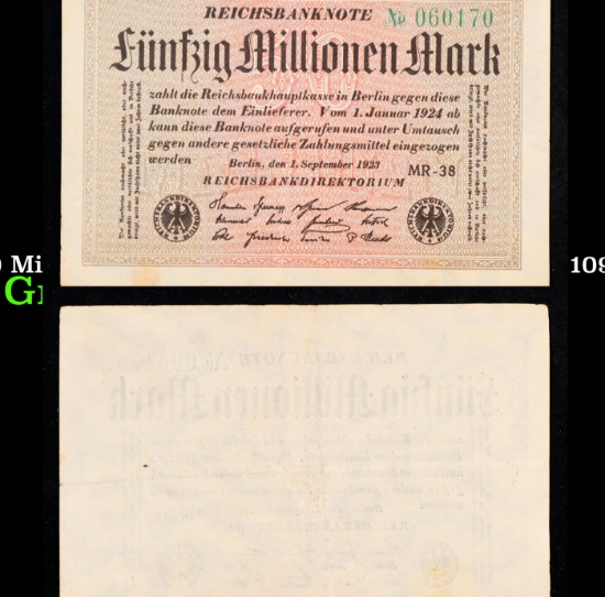 1923 Weimar Germany 50 Million Marks Hyperinflation Banknote P# 109d, Watermark G/D in Stars Grades