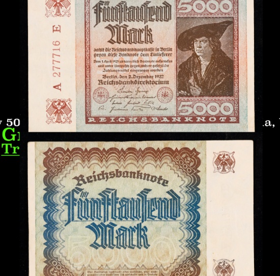 1922 Weimar Germany 5000 Marks Hyperinflation Banknote P# 81a, Watermark G/D in Stars Grades Select
