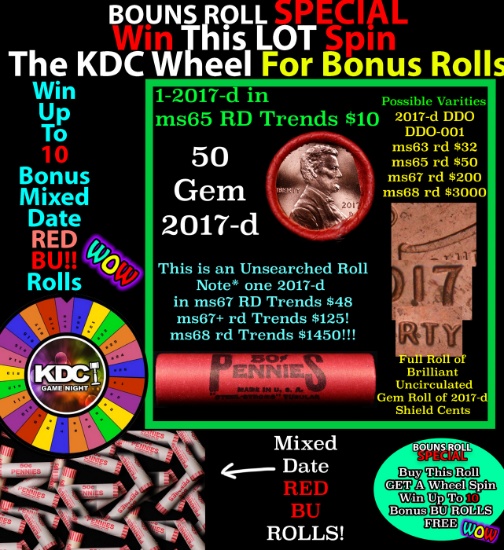 1-10 FREE BU RED Penny rolls with win of this 2017-d SOLID RED BU Lincoln 1c roll incredibly FUN whe