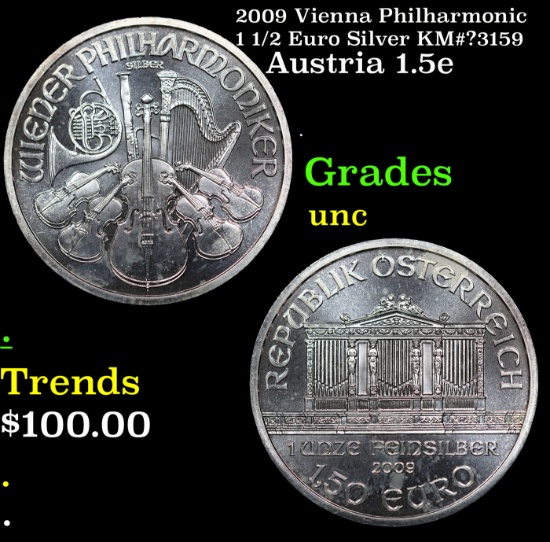 2009 Vienna Philharmonic 1 1/2 Euro Silver KM#?3159 Grades Brilliant Uncirculated