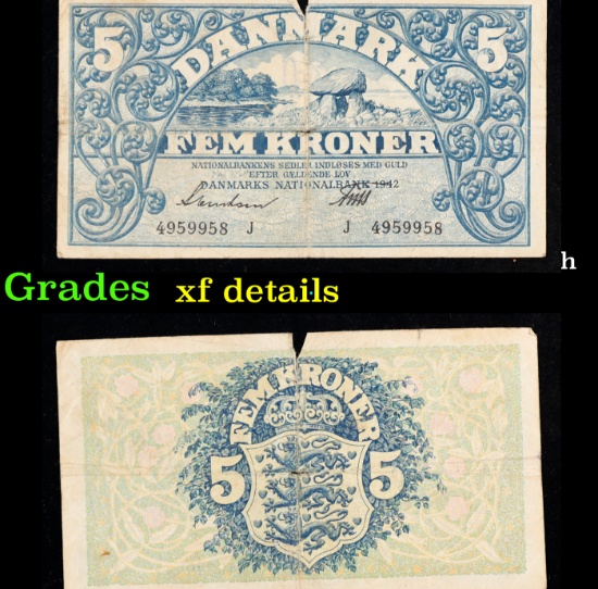 1942 Denmark 5 Kroner Banknote P# 30h Grades xf details