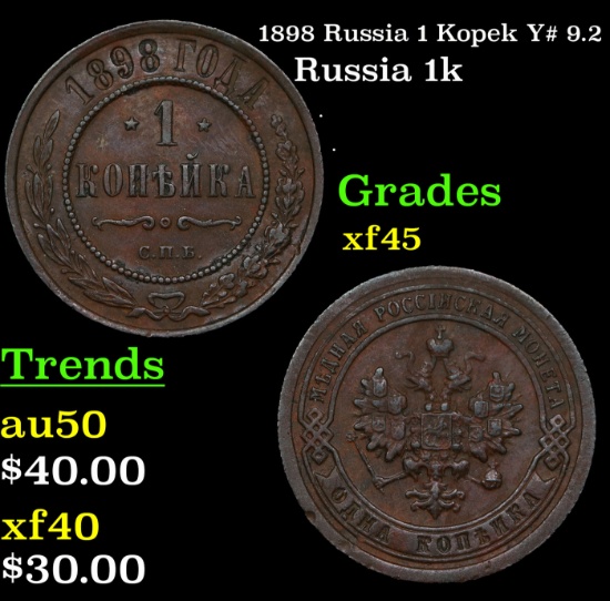 1898 Russia 1 Kopek Y# 9.2 Grades xf+