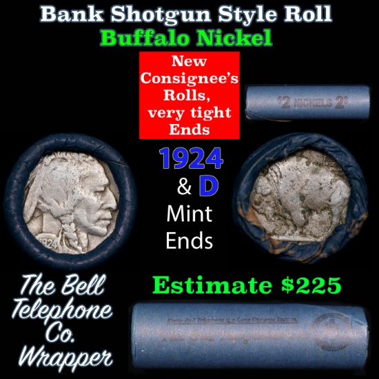 Buffalo Nickel Shotgun Roll in Old Bank Style 'Bell Telephone' Wrapper 1924 & d Mint Ends