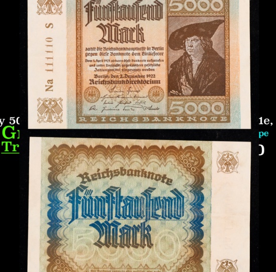 1922 Weimar Germany 5000 Marks Hyperinflation Banknote P# 81e, Watermark Wavy Lines Grades Choice AU