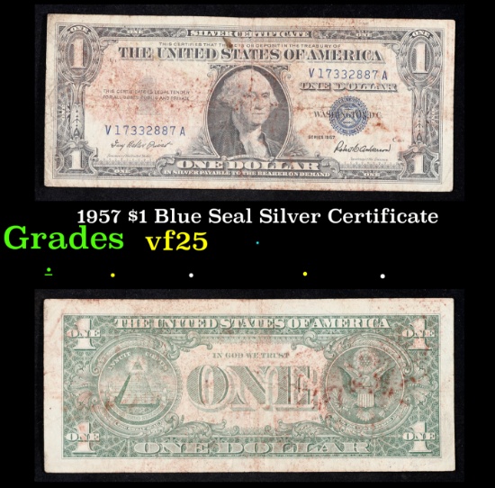 1957 $1 Blue Seal Silver Certificate Grades vf+