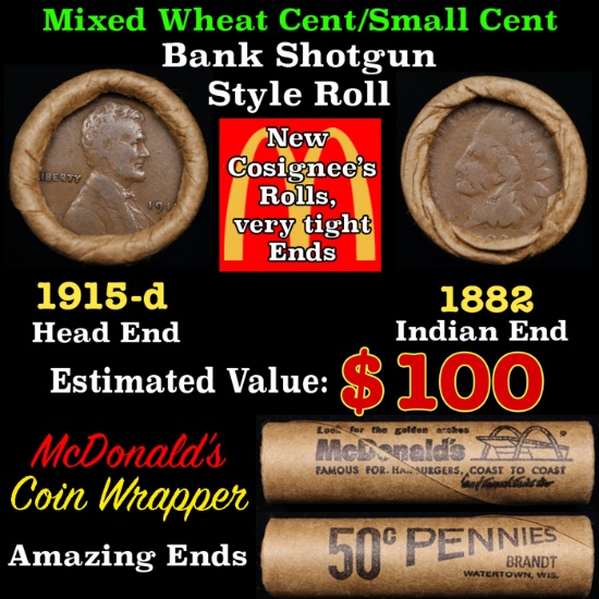 Small Cent Mixed Roll Orig Brandt McDonalds Wrapper, 1915-d Lincoln Wheat end, 1882 Indian other end