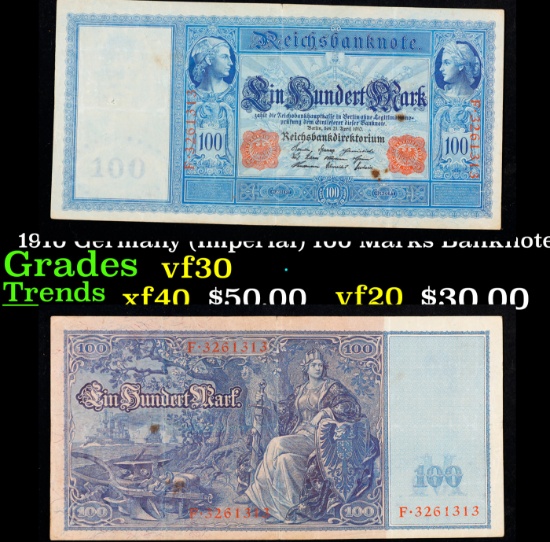 1910 Germany (Imperial) 100 Marks Banknote Grades vf++