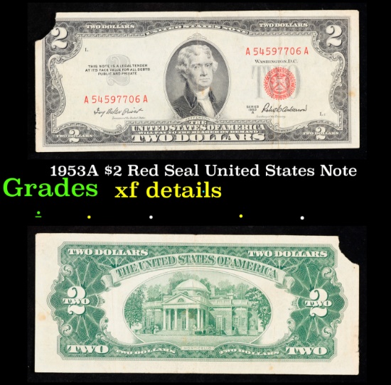 1953A $2 Red Seal United States Note Grades xf details