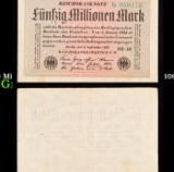 1923 Weimar Germany 50 Million Marks Hyperinflation Banknote P# 109d, Watermark G/D in Stars Grades