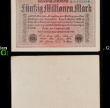 1923 Weimar Germany 50 Million Marks Hyperinflation Banknote P# 109a, Gray Paper, Watermark Crucifer