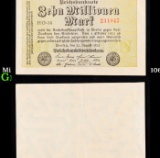 1923 Weimar Germany 10 Million Marks Hyperinflation Banknote P# 106a, Watermark G/D in Stars Grades
