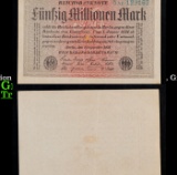1923 Weimar Germany 50 Million Marks Hyperinflation Banknote P# 109a, Gray Paper, Watermark Crucifer