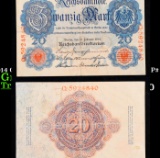 1914 Germany (WWI Era) 20 Marks Banknote P# 46b Grades xf+