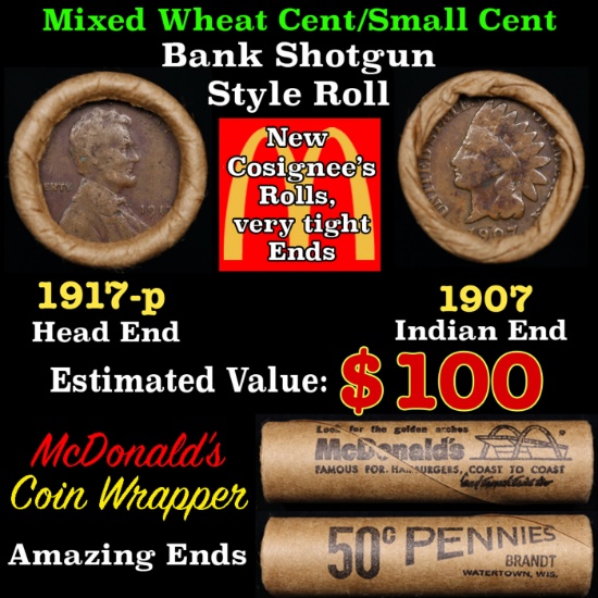 Small Cent Mixed Roll Orig Brandt McDonalds Wrapper, 1917-p Lincoln Wheat end, 1907 Indian other end