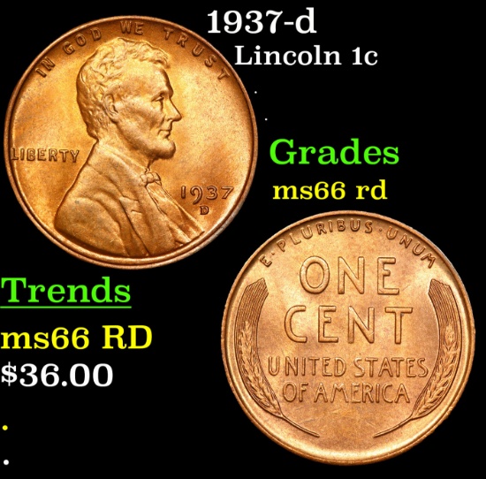 1937-d Lincoln Cent 1c Grades GEM+ Unc RD