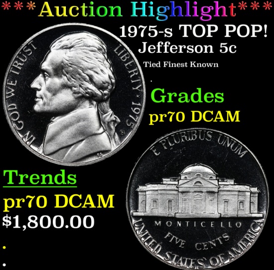 Proof ***Auction Highlight*** 1975-s Jefferson Nickel TOP POP! 5c Graded pr69 dcam BY SEGS (fc)