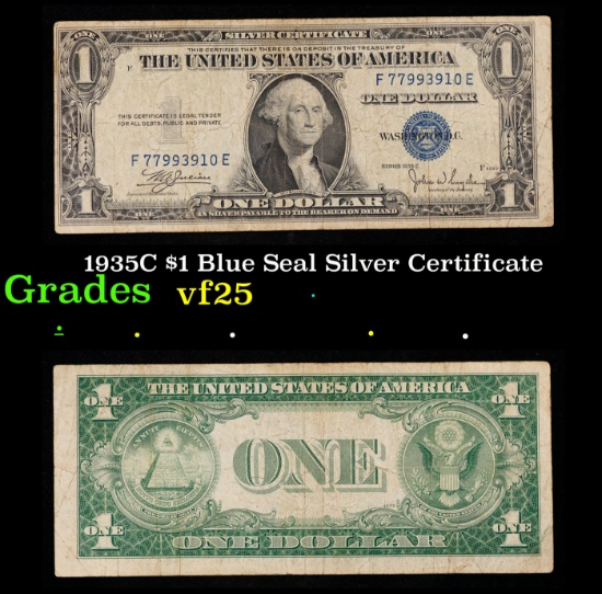 1935C $1 Blue Seal Silver Certificate Grades vf+