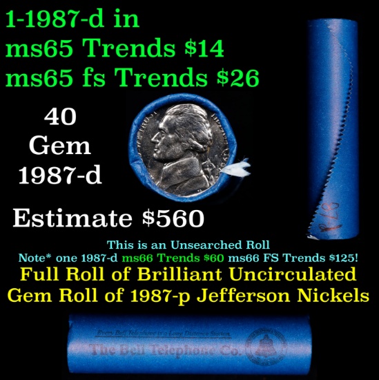 BU Shotgun Jefferson 5c roll, 1987-d 40 pcs Bank $2 Nickel Wrapper