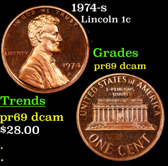 Proof 1974-s Lincoln Cent 1c Grades GEM++ Proof Deep Cameo