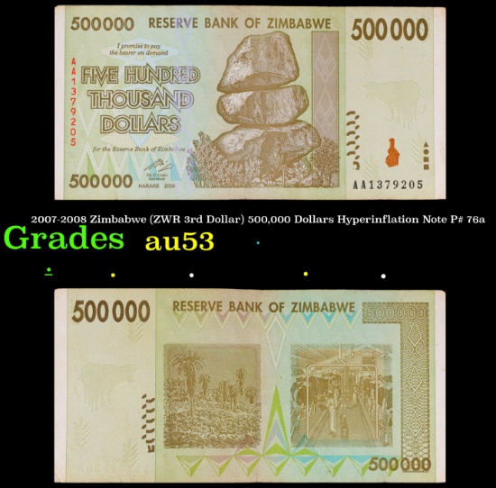 2007-2008 Zimbabwe (ZWR 3rd Dollar) 500,000 Dollars Hyperinflation Note P# 76a Grades Select AU