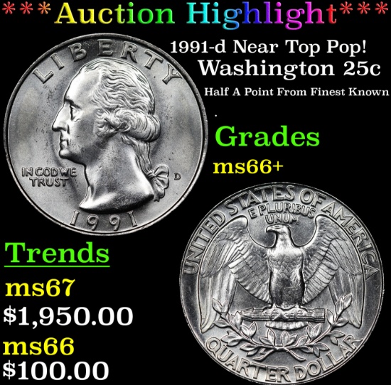 ***Auction Highlight*** 1991-d Washington Quarter Near Top Pop! 25c Graded ms66+ BY SEGS (fc)