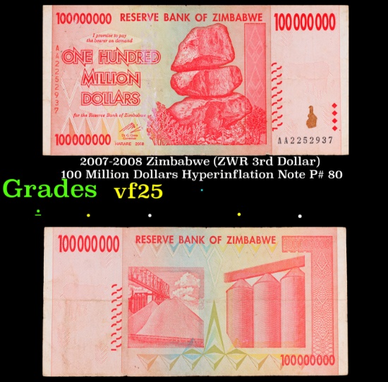 2007-2008 Zimbabwe (ZWR 3rd Dollar) 100 Million Dollars Hyperinflation Note P# 80 Grades vf+