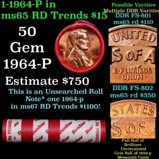 BU Shotgun Lincoln 1c roll, 1964-p 50 pcs Bank Wrapper 50c
