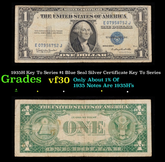 1935H Key To Series $1 Blue Seal Silver Certificate Key To Series Grades vf++