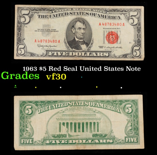 1963 $5 Red Seal United States Note Grades vf++